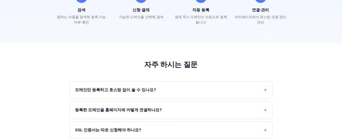 도메인 등록 4단계와 자주 하는 질문 화면